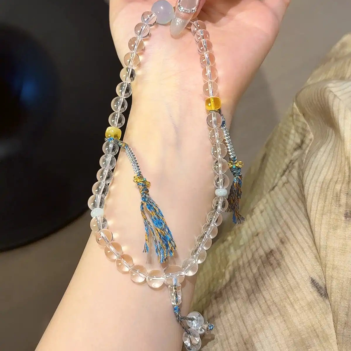 Handcrafted aquamarine; amber; clear-quartz Detail for Love - Astara