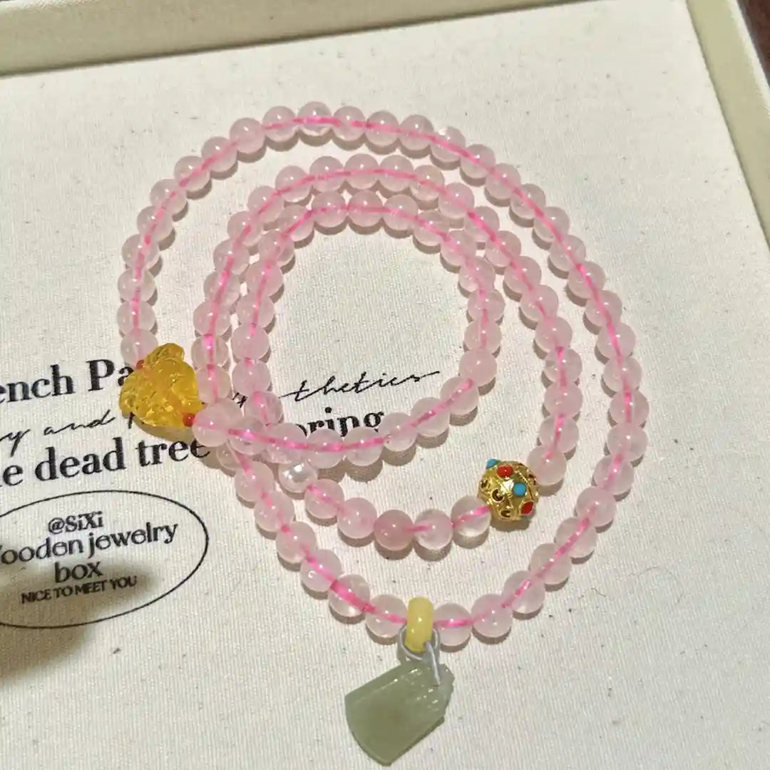 Rose Quartz & Amber & Hetian Jade Wrap Bracelet