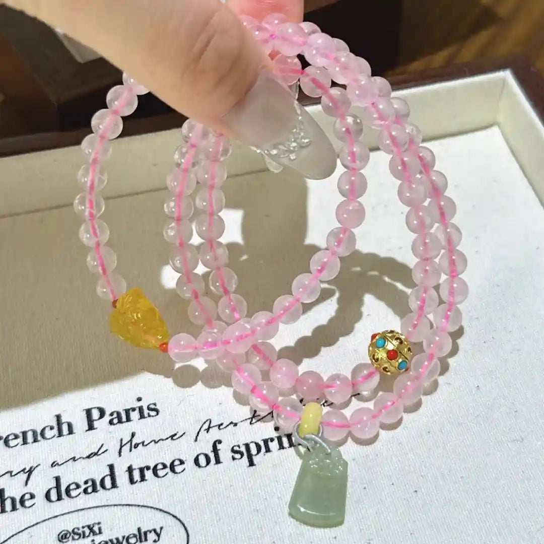 Rose Quartz & Amber & Hetian Jade Wrap Bracelet