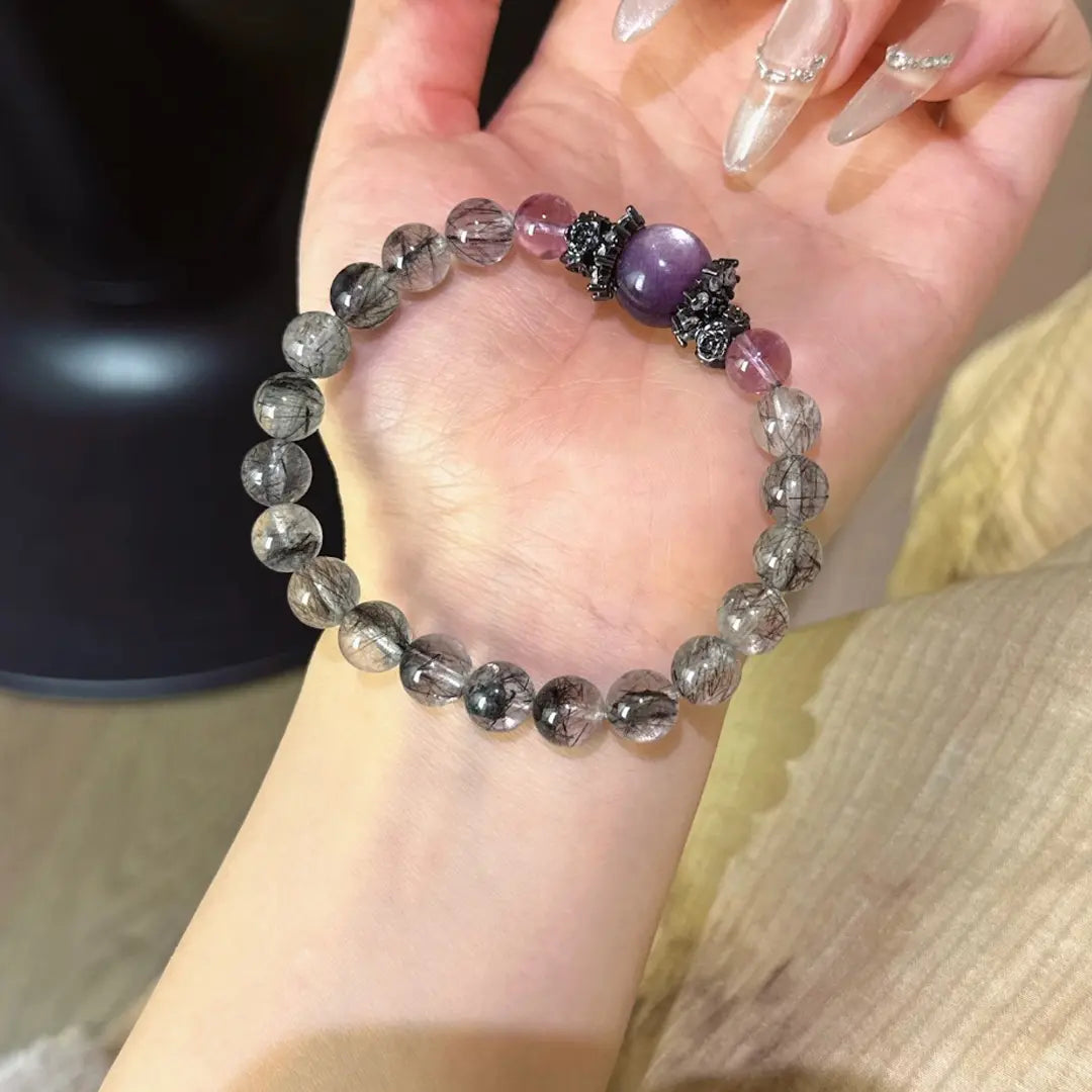 Black Rutilated Quartz, Amethyst & Lepidolite Bracelet