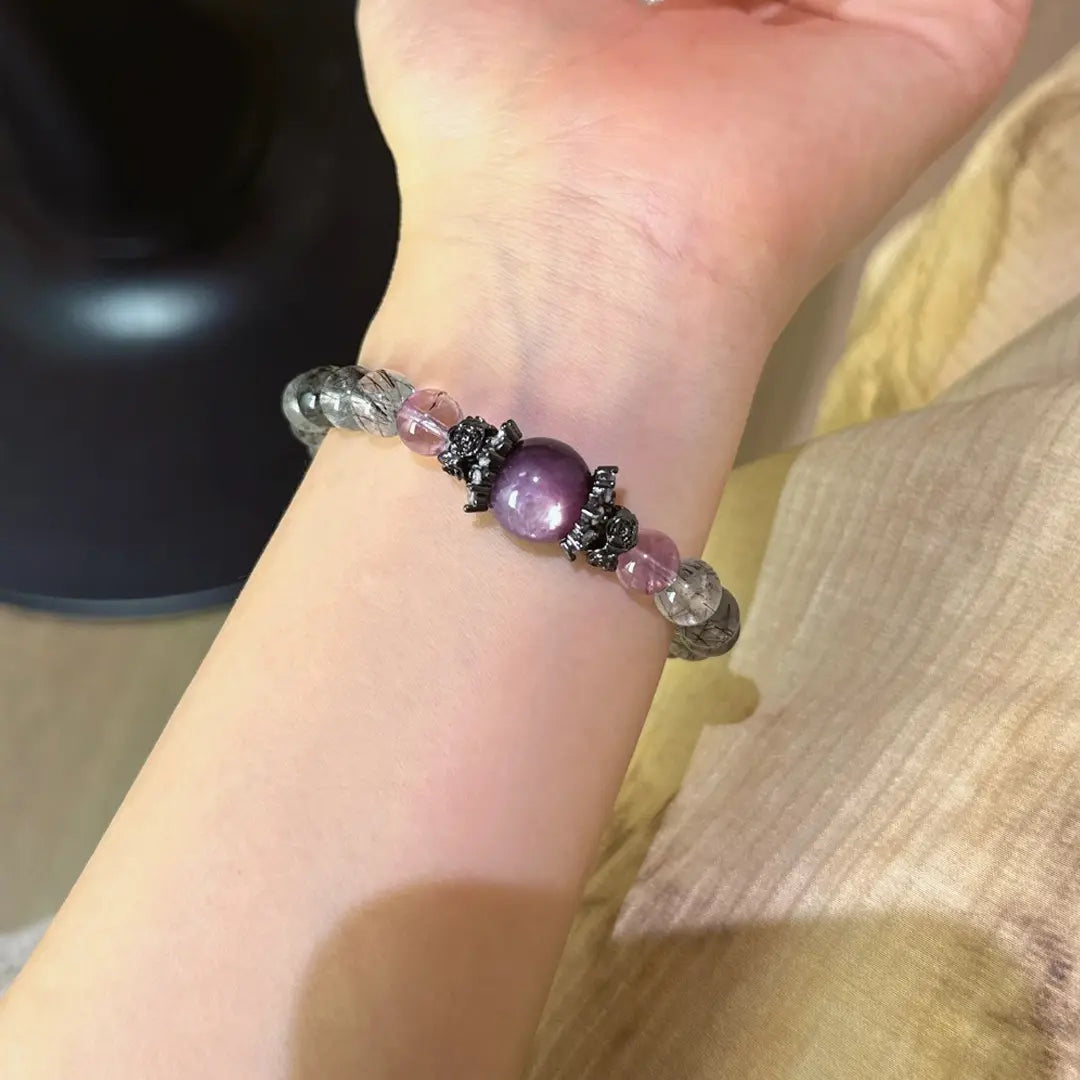 Black Rutilated Quartz, Amethyst & Lepidolite Bracelet