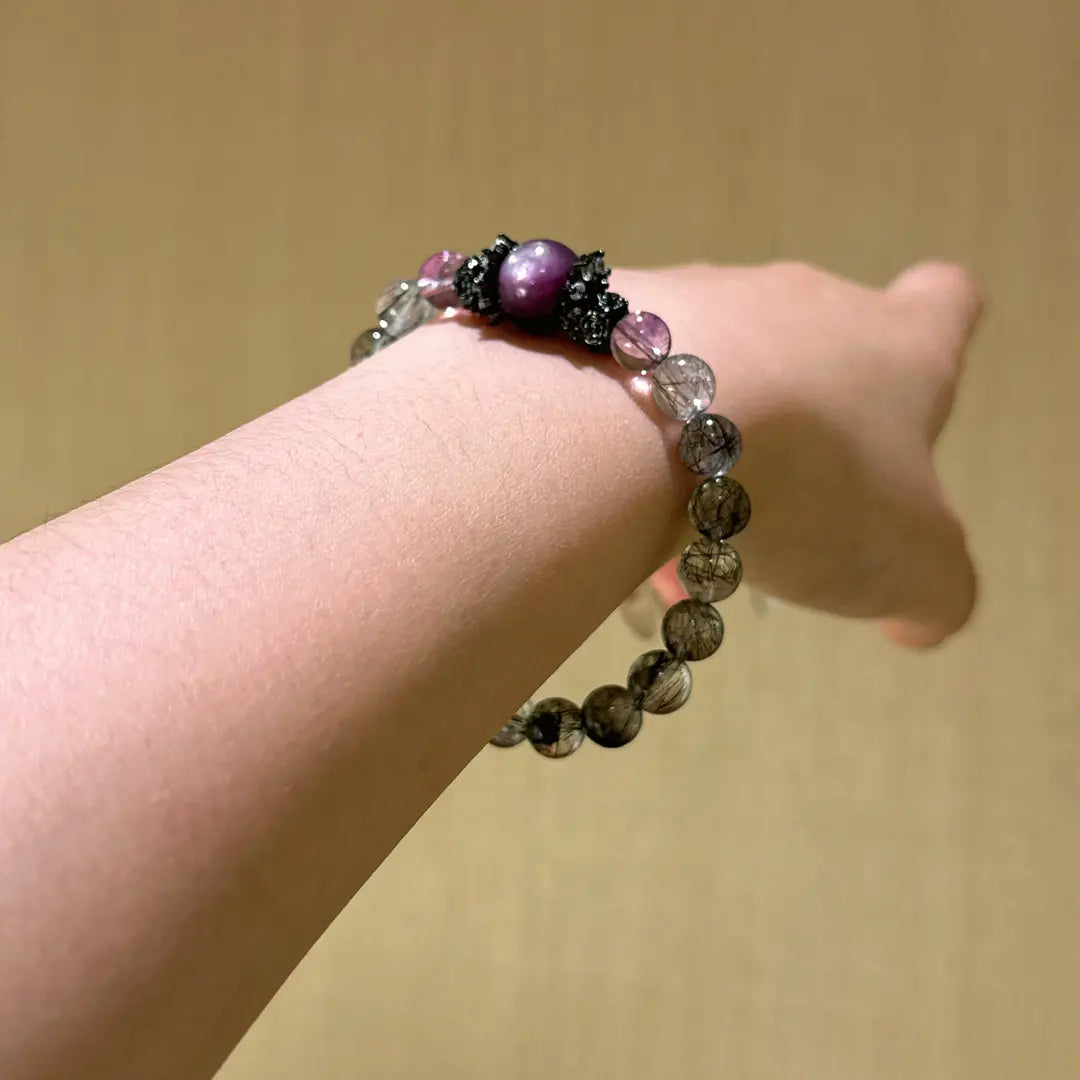 Black Rutilated Quartz, Amethyst & Lepidolite Bracelet