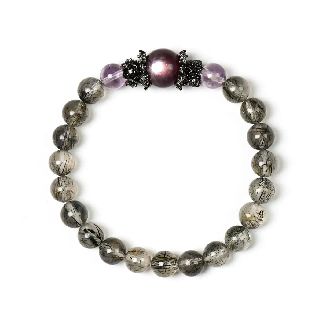 Black Rutilated Quartz, Amethyst & Lepidolite Bracelet