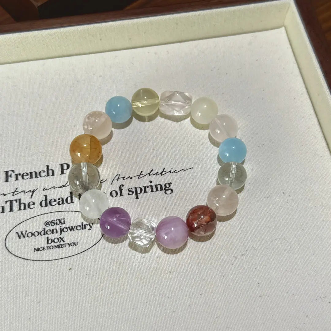 Handcrafted aquamarine; rose-quartz; amethyst; lepidolite; yellow-hematoid-quartz; red-hematoid-quartz; green-phantom-quartz; citrine-crystal Detail for Love - Astara