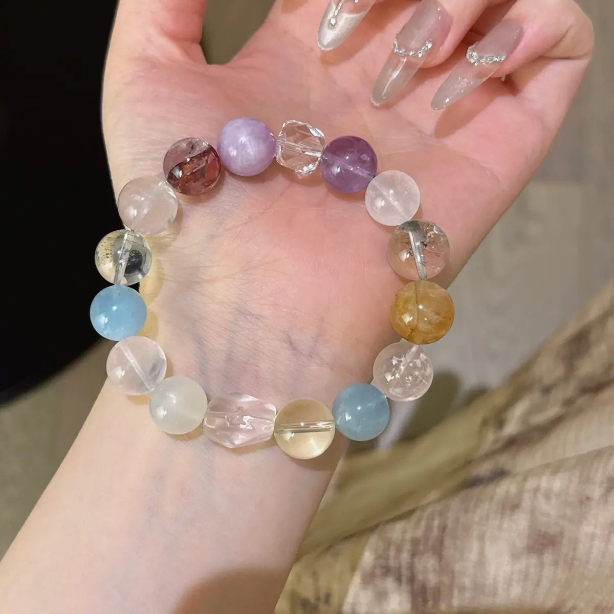Handcrafted aquamarine; rose-quartz; amethyst; lepidolite; yellow-hematoid-quartz; red-hematoid-quartz; green-phantom-quartz; citrine-crystal Detail for Love - Astara
