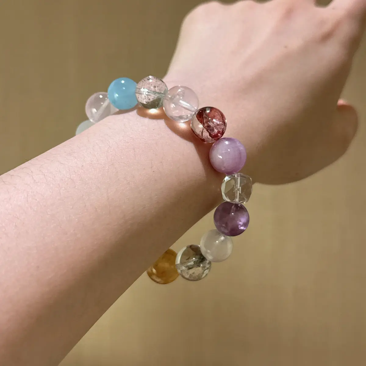 Handcrafted aquamarine; rose-quartz; amethyst; lepidolite; yellow-hematoid-quartz; red-hematoid-quartz; green-phantom-quartz; citrine-crystal Detail for Love - Astara