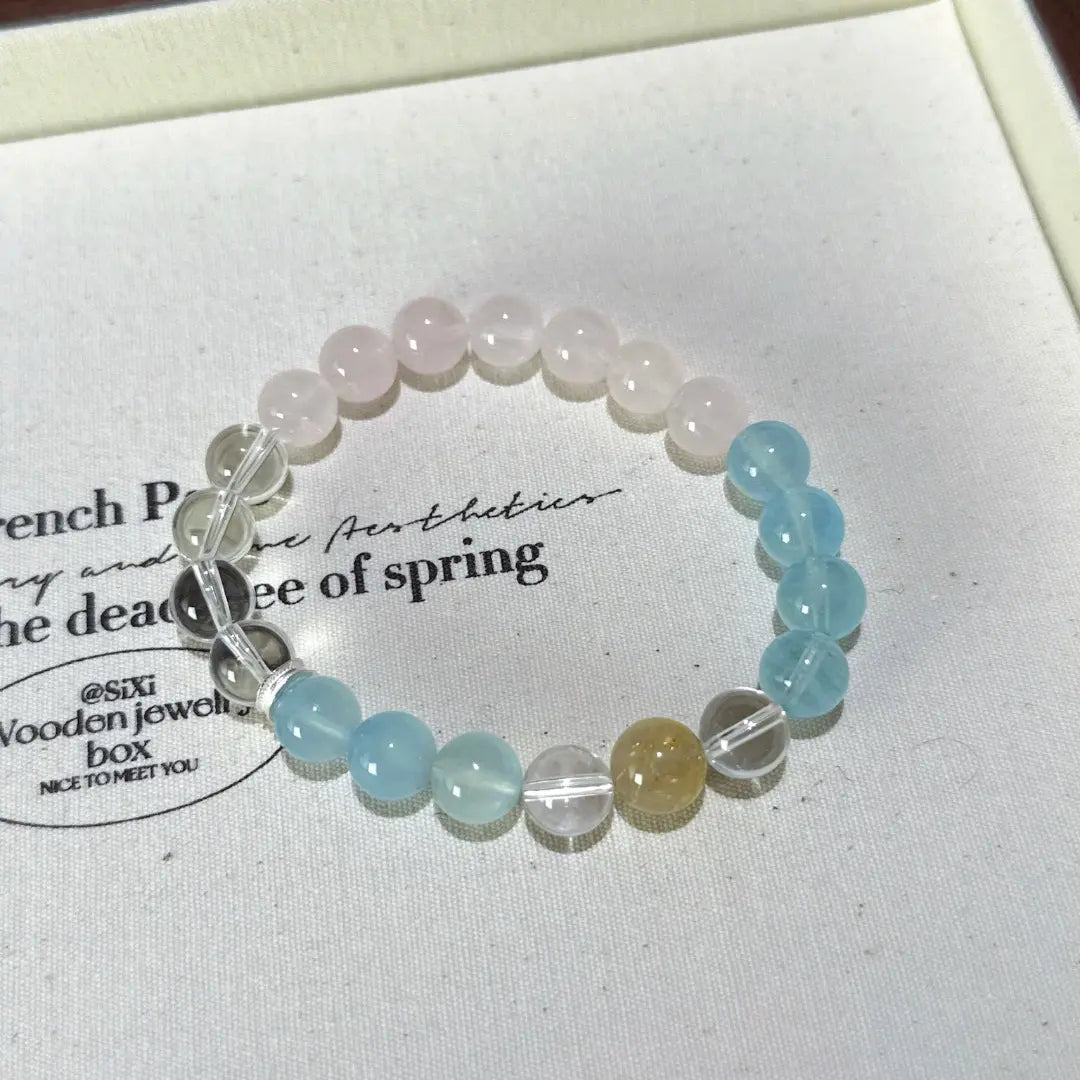 Handcrafted aquamarine; rose-quartz; clear-quartz; golden-rutilated-quartz Detail for Love - Astara