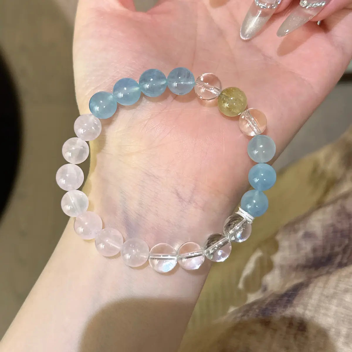 Handcrafted aquamarine; rose-quartz; clear-quartz; golden-rutilated-quartz Detail for Love - Astara