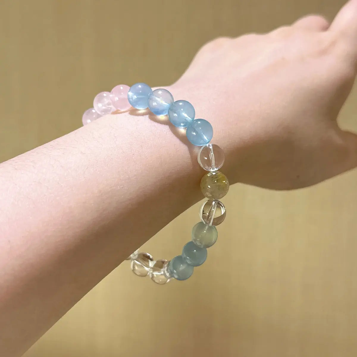 Handcrafted aquamarine; rose-quartz; clear-quartz; golden-rutilated-quartz Detail for Love - Astara