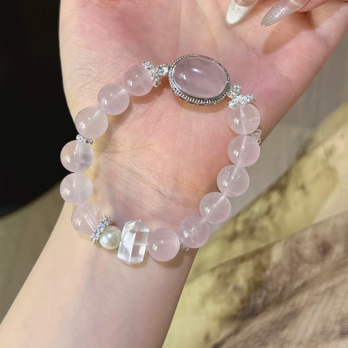 Handcrafted silver-plated; rose-quartz; clear-quartz; shell-pearl Detail for Love - Astara