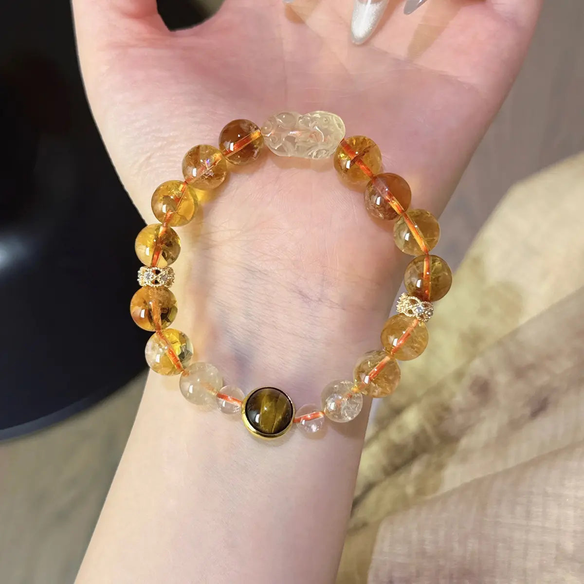 Handcrafted citrine-crystal; clear-quartz; golden-rutilated-quartz; tigers-eye Detail for Abundance - Astara