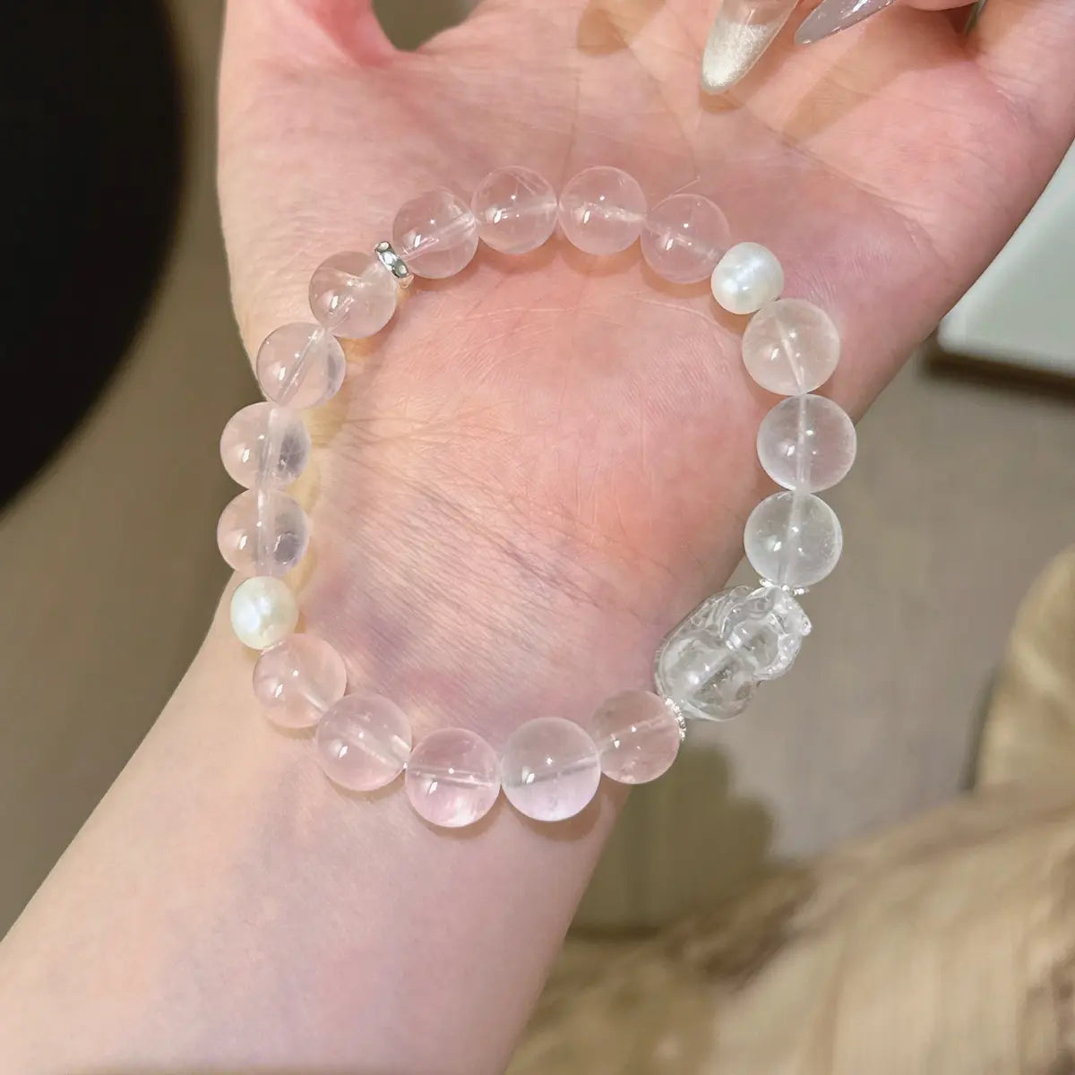 Handcrafted rose-quartz; shell-pearl; clear-quartz; blue-moonstone Detail for Love - Astara