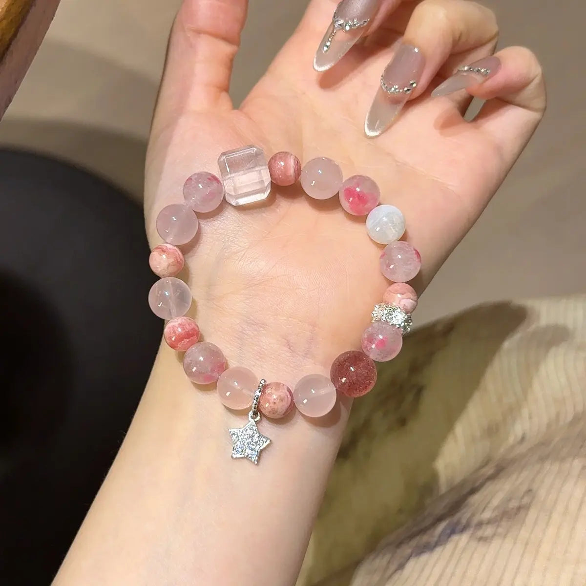 Handcrafted shopify--jewelry-material-1dyzjxql; rose-quartz; rhodochrosite; rhodonite; snowflake-phantom-quartz Detail for Love - Astara