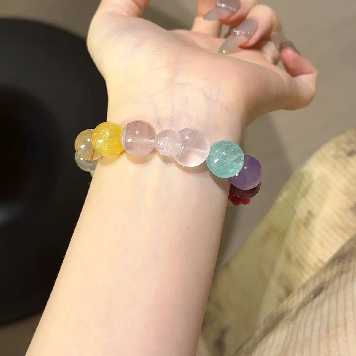 Handcrafted lavender-amethyst; amethyst; green-fluorite; rose-quartz; yellow-fluorite; red-hematoid-quartz; citrine-crystal; xiuyan-jade; sunstone; amazonite; aquamarine; kunzite; rhodonite Detail for Love - Astara