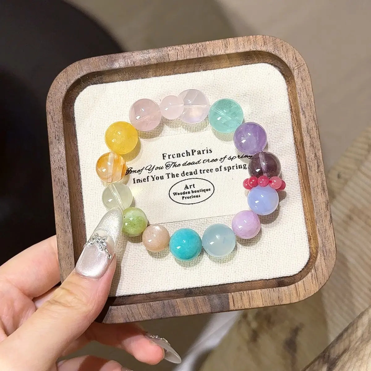 Handcrafted lavender-amethyst; amethyst; green-fluorite; rose-quartz; yellow-fluorite; red-hematoid-quartz; citrine-crystal; xiuyan-jade; sunstone; amazonite; aquamarine; kunzite; rhodonite Detail for Love - Astara
