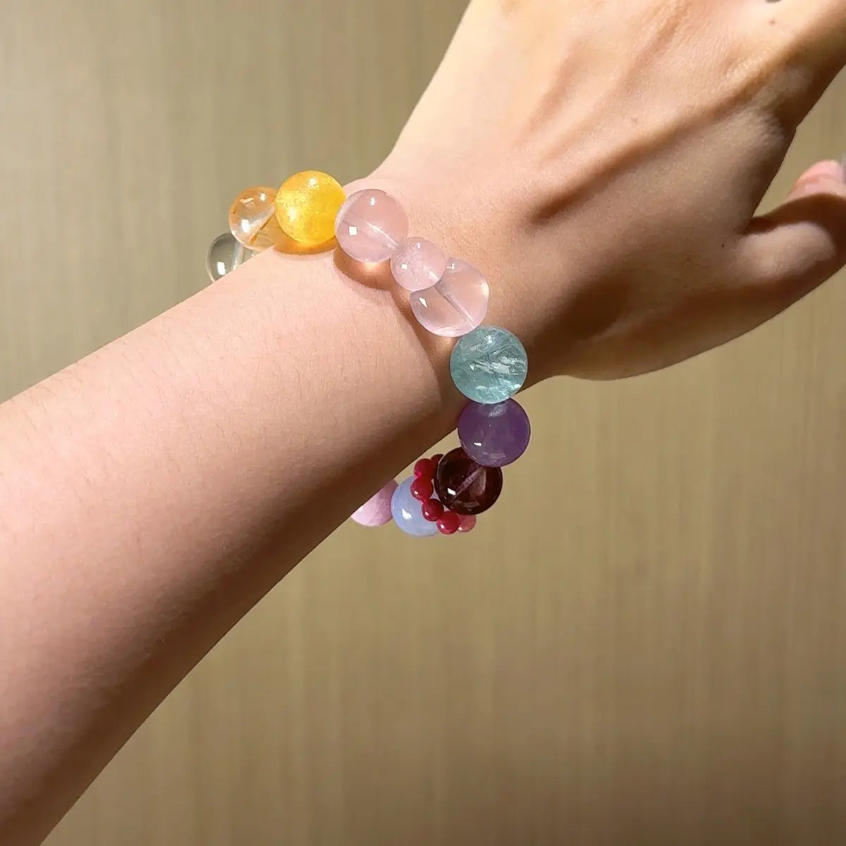 Handcrafted lavender-amethyst; amethyst; green-fluorite; rose-quartz; yellow-fluorite; red-hematoid-quartz; citrine-crystal; xiuyan-jade; sunstone; amazonite; aquamarine; kunzite; rhodonite Detail for Love - Astara