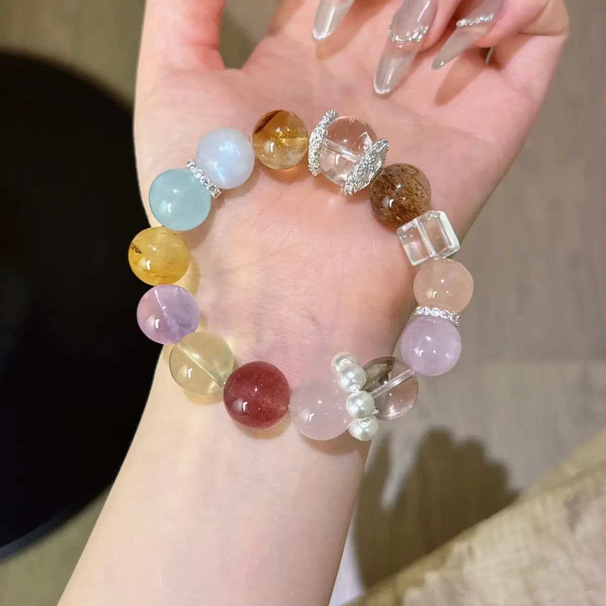 Handcrafted citrine-crystal; amethyst; aquamarine; white-agate; blue-moonstone; yellow-hematoid-quartz; lemon-quartz; strawberry-quartz; rose-quartz; kunzite; clear-quartz; black-rutilated-quartz; grapefruit-rose-quartz Detail for Love - Astara