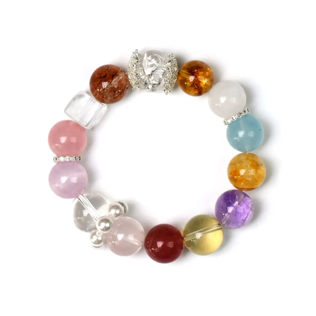 citrine-crystal; amethyst; aquamarine; white-agate; blue-moonstone; yellow-hematoid-quartz; lemon-quartz; strawberry-quartz; rose-quartz; kunzite; clear-quartz; black-rutilated-quartz; grapefruit-rose-quartz Love Crystal Jewelry - Fortuna Aegis Multi-Gemstone Bracelet | Astara