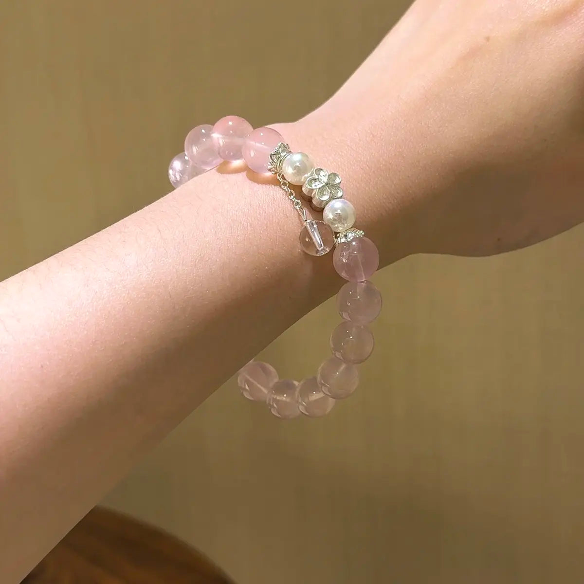 Handcrafted rose-quartz; shell-pearl; silver; clear-quartz Detail for Love - Astara