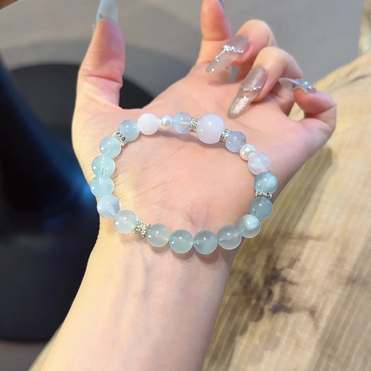 Handcrafted shell-pearl; aquamarine; white-moonstone Detail for Healing - Astara