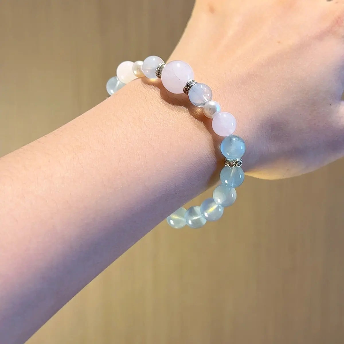 Handcrafted shell-pearl; aquamarine; white-moonstone Detail for Healing - Astara