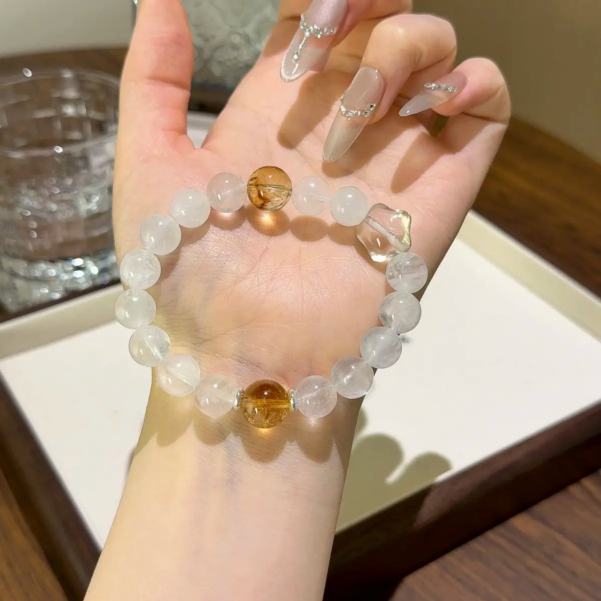 Handcrafted blue-moonstone; golden-rutilated-quartz; citrine-crystal Detail for Abundance - Astara