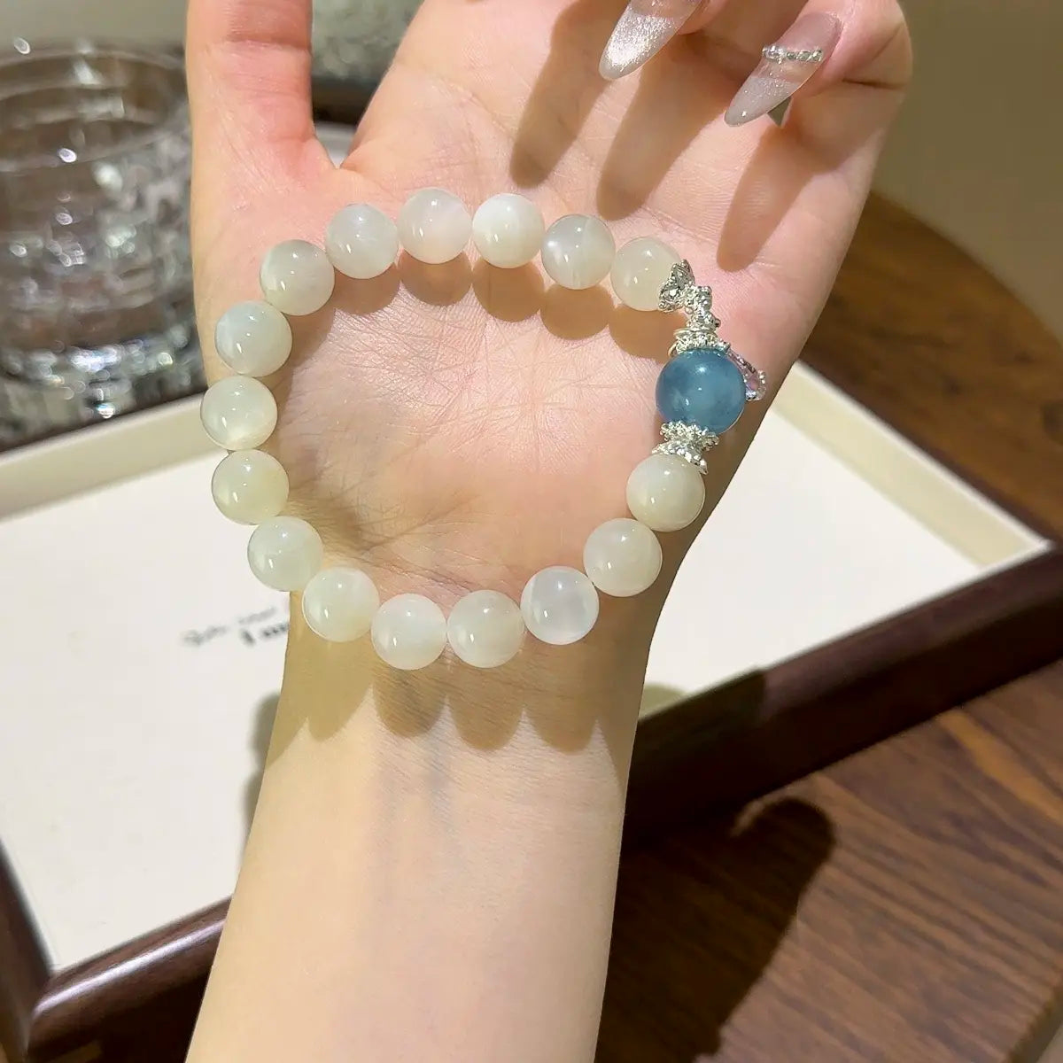 Handcrafted silver-plated; white-moonstone; aquamarine Detail for Love - Astara