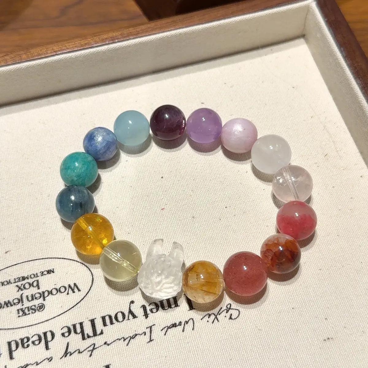 Handcrafted citrine-crystal; yellow-fluorite; amazonite; kunzite; blue-kyanite; aquamarine; amethyst; lepidolite; rose-quartz; labradorite; rhodonite; strawberry-quartz; yellow-hematoid-quartz; clear-quartz; white-phantom-quartz Detail for Love - Astara