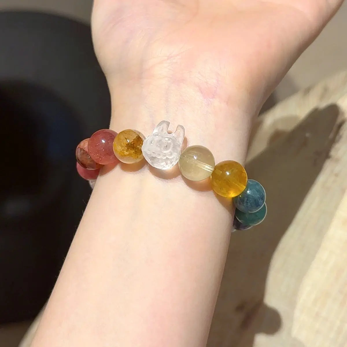 Handcrafted citrine-crystal; yellow-fluorite; amazonite; kunzite; blue-kyanite; aquamarine; amethyst; lepidolite; rose-quartz; labradorite; rhodonite; strawberry-quartz; yellow-hematoid-quartz; clear-quartz; white-phantom-quartz Detail for Love - Astara