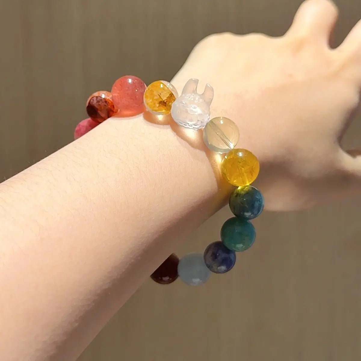 Handcrafted citrine-crystal; yellow-fluorite; amazonite; kunzite; blue-kyanite; aquamarine; amethyst; lepidolite; rose-quartz; labradorite; rhodonite; strawberry-quartz; yellow-hematoid-quartz; clear-quartz; white-phantom-quartz Detail for Love - Astara