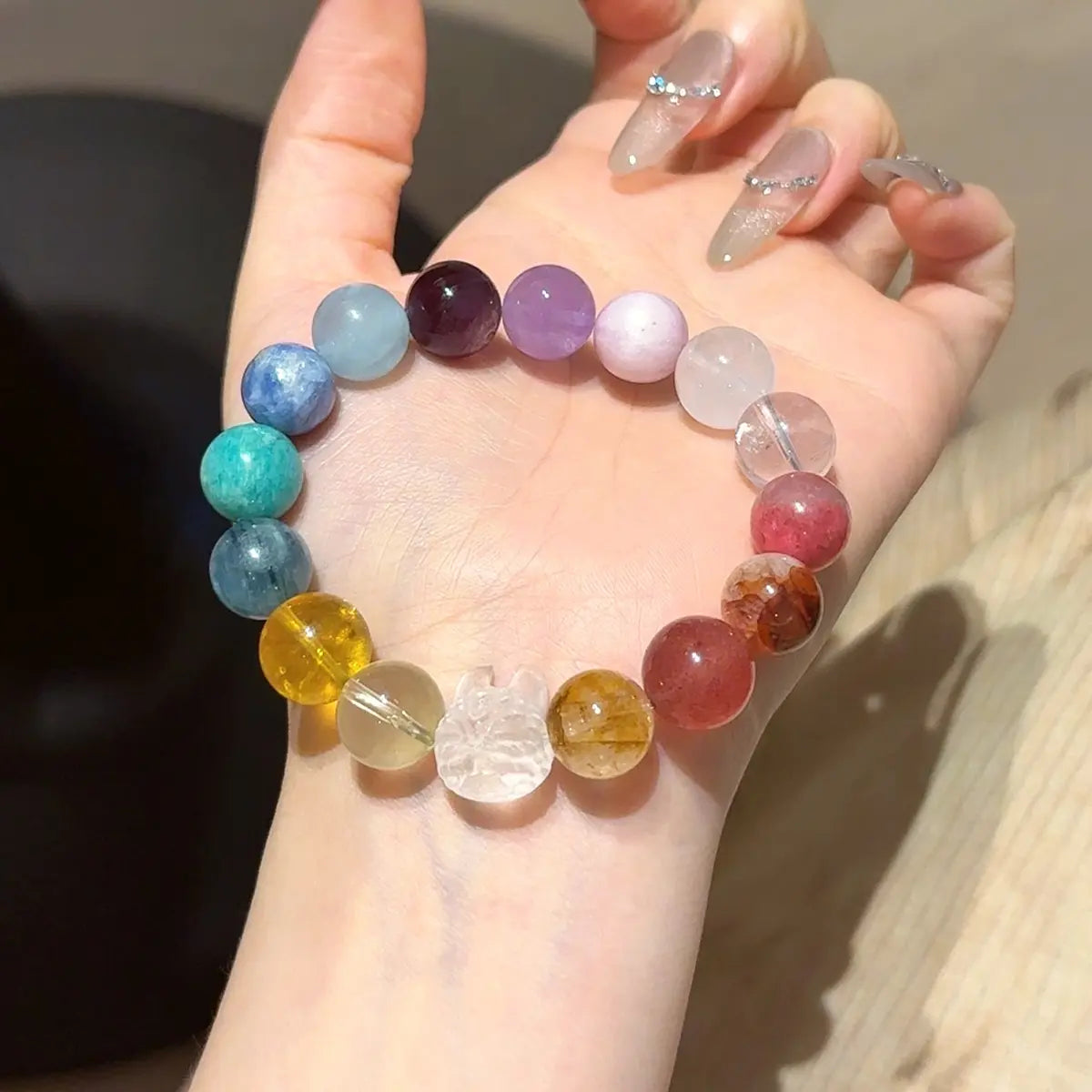 Handcrafted citrine-crystal; yellow-fluorite; amazonite; kunzite; blue-kyanite; aquamarine; amethyst; lepidolite; rose-quartz; labradorite; rhodonite; strawberry-quartz; yellow-hematoid-quartz; clear-quartz; white-phantom-quartz Detail for Love - Astara