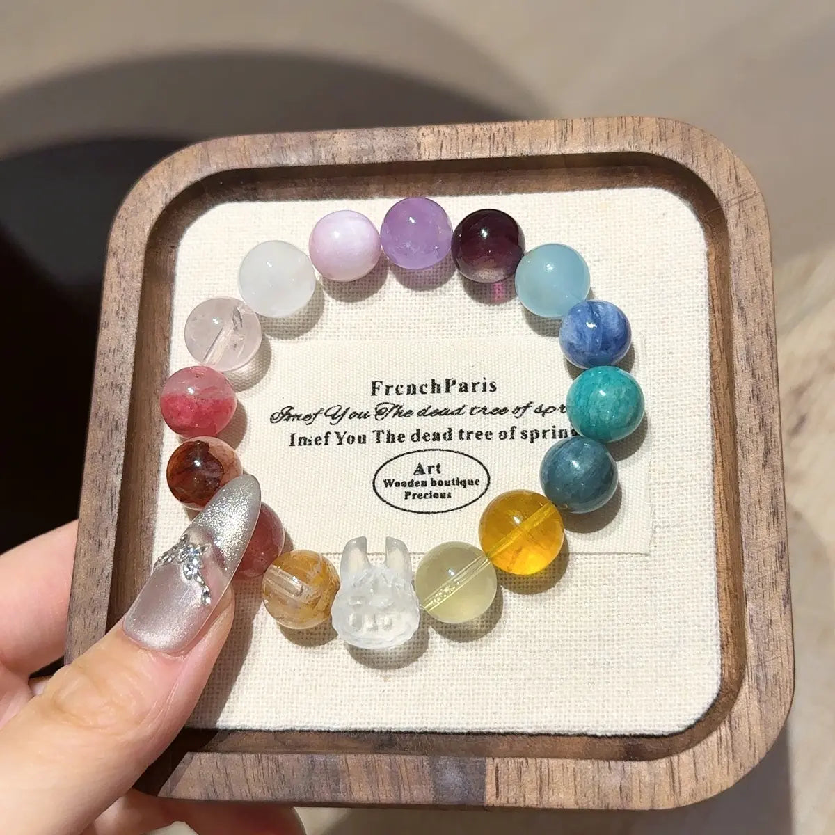 Handcrafted citrine-crystal; yellow-fluorite; amazonite; kunzite; blue-kyanite; aquamarine; amethyst; lepidolite; rose-quartz; labradorite; rhodonite; strawberry-quartz; yellow-hematoid-quartz; clear-quartz; white-phantom-quartz Detail for Love - Astara