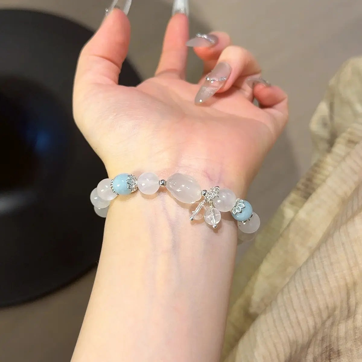 Handcrafted white-agate; aquamarine; blue-moonstone; clear-quartz Detail for Love - Astara