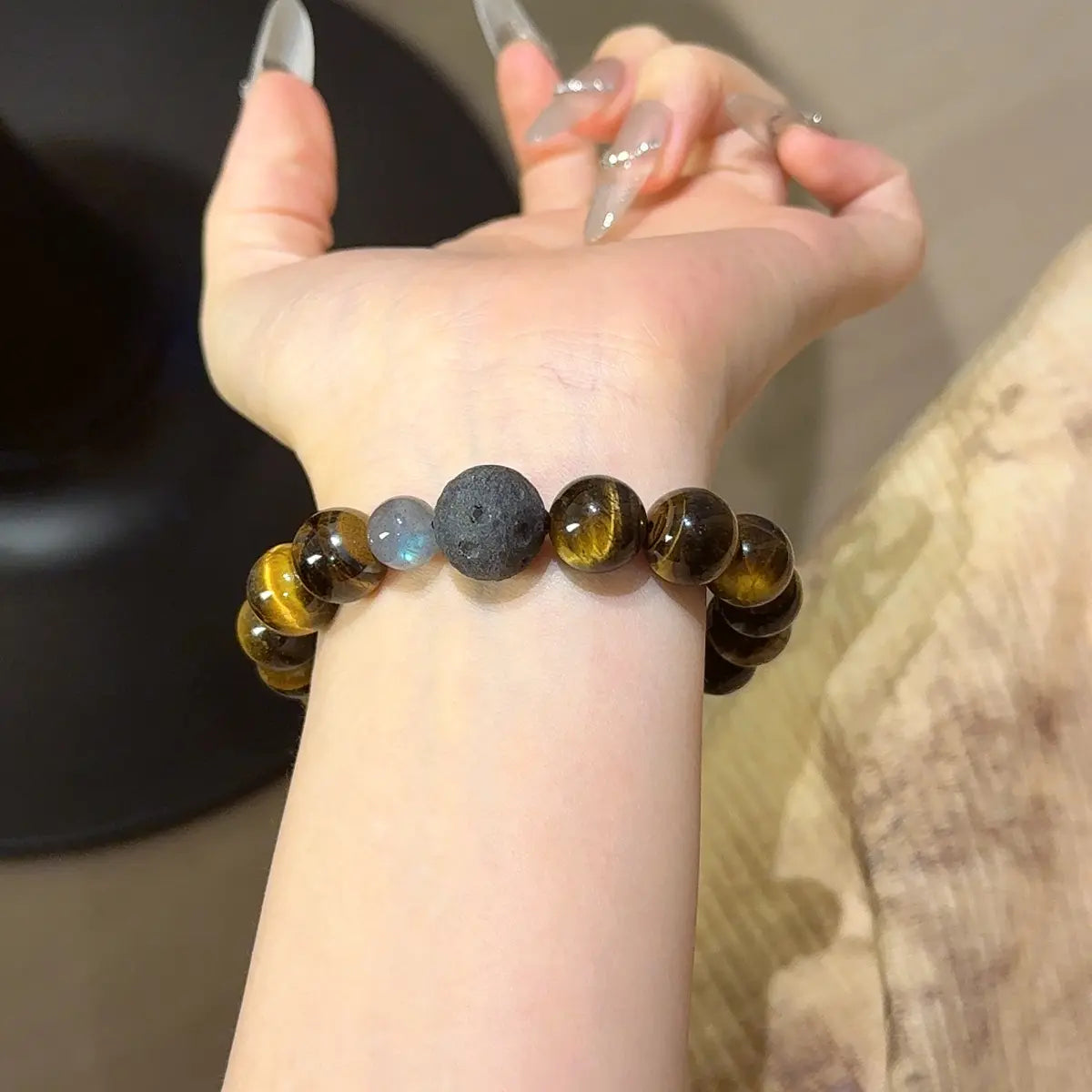 Handcrafted gray-moonstone-1; tigers-eye; lava-stone Detail for Abundance - Astara
