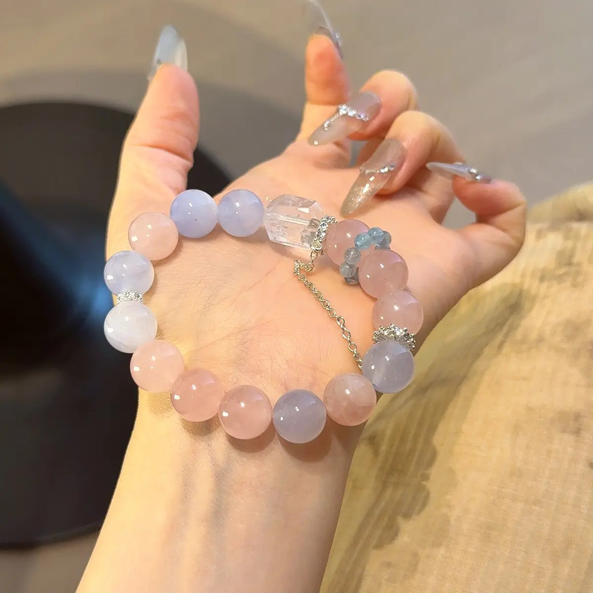 Handcrafted blue-agate; rose-quartz; clear-quartz; aquamarine Detail for Love - Astara