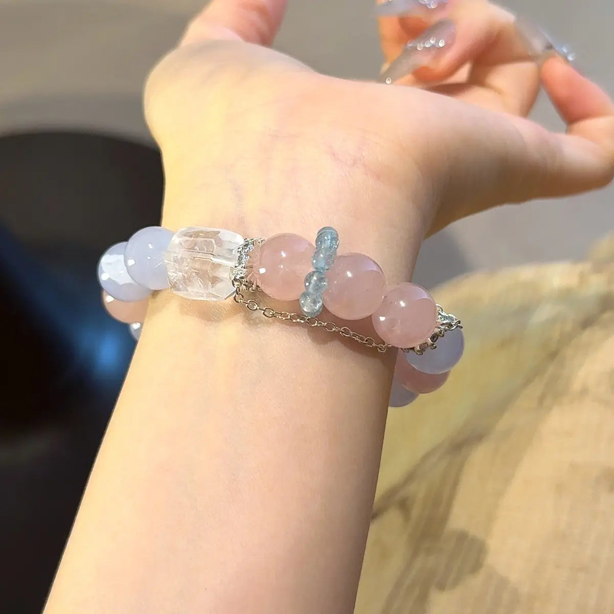 Handcrafted blue-agate; rose-quartz; clear-quartz; aquamarine Detail for Love - Astara