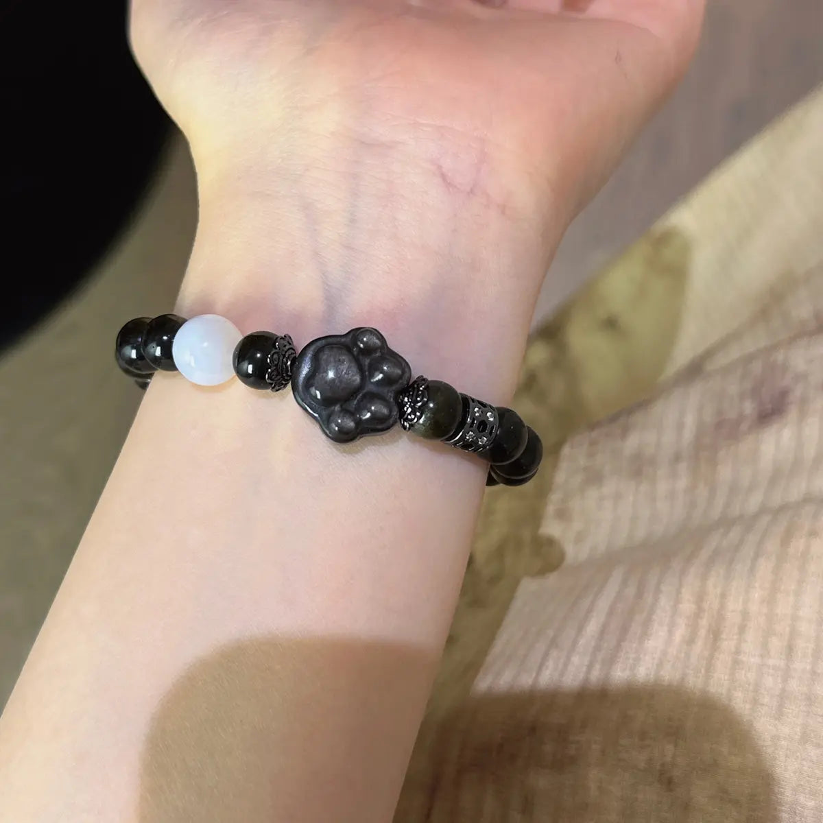 Handcrafted black-obsidian; silver-obsidian; white-agate Detail for Abundance - Astara
