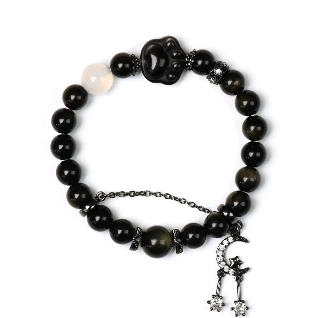 black-obsidian; silver-obsidian; white-agate Abundance Crystal Jewelry - Shadow Charm Gold Obsidian Cat Paw Bracelet | Astara
