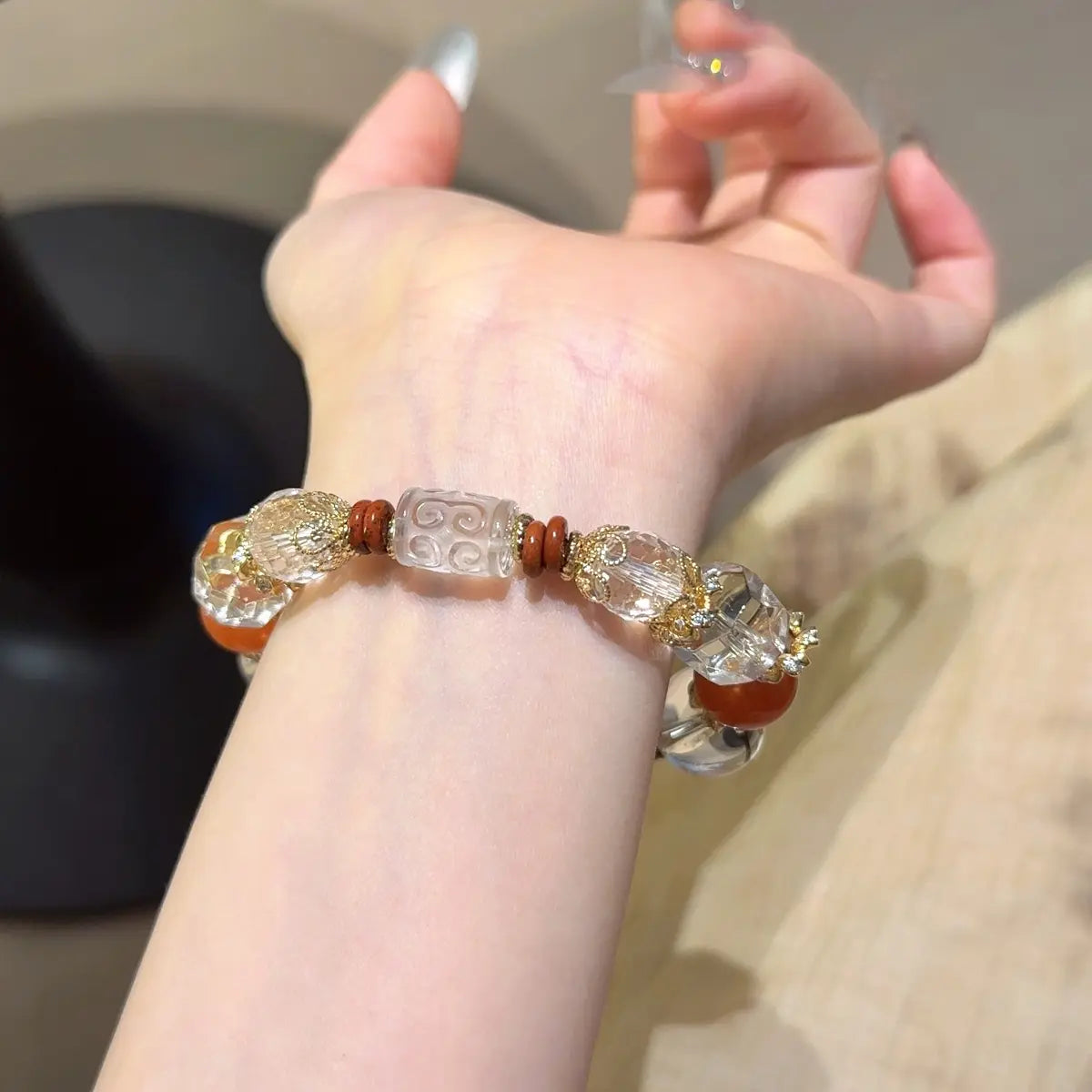 Handcrafted nanhong-agate; clear-quartz; red-hematoid-quartz Detail for Abundance - Astara