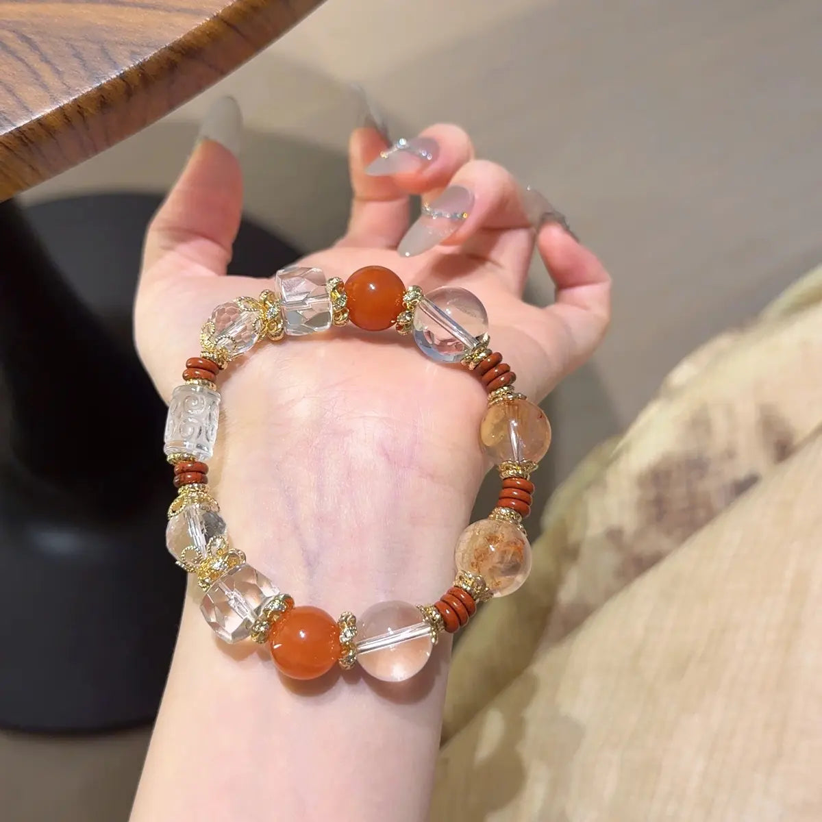 Handcrafted nanhong-agate; clear-quartz; red-hematoid-quartz Detail for Abundance - Astara
