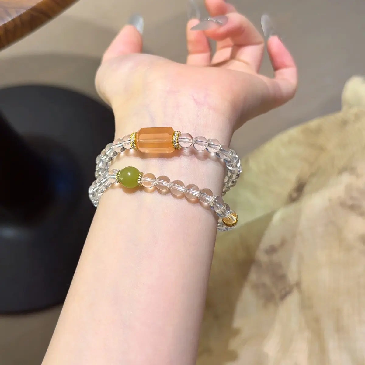 Handcrafted jade; clear-quartz; aquamarine; lapis-lazuli; agate Detail for Healing - Astara