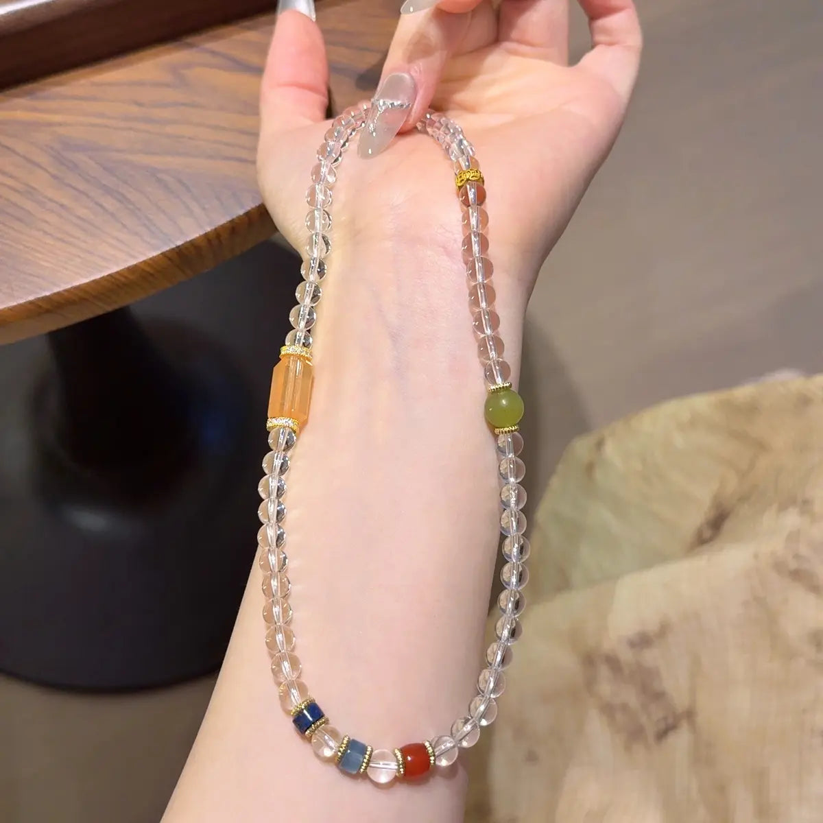 Handcrafted jade; clear-quartz; aquamarine; lapis-lazuli; agate Detail for Healing - Astara
