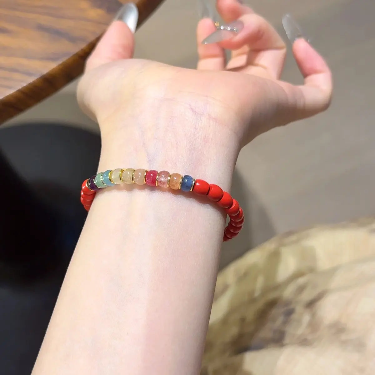 Handcrafted cinnabar; blue-kyanite; strawberry-quartz; rhodonite; sunstone; orange-moonstone; golden-rutilated-quartz; amethyst; prehnite-1; green-strawberry-quartz; opal Detail for Abundance - Astara