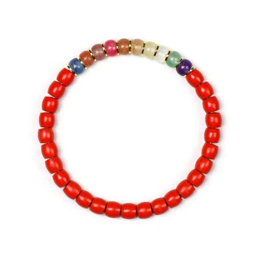 cinnabar; blue-kyanite; strawberry-quartz; rhodonite; sunstone; orange-moonstone; golden-rutilated-quartz; amethyst; prehnite-1; green-strawberry-quartz; opal Abundance Crystal Jewelry - Imperial Fortune Cinnabar Barrel Multi-Gemstone Bracelet | Astara