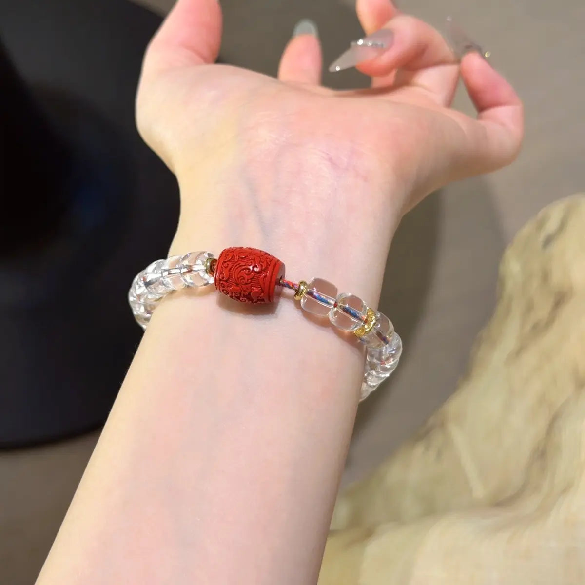 Handcrafted cinnabar; clear-quartz Detail for Healing - Astara