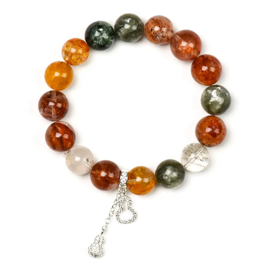 yellow-hematoid-quartz; red-hematoid-quartz; green-phantom-quartz; seraphinite; black-gold-super-seven; emerald Abundance Crystal Jewelry - Emerald Surge Hematoid Quartz Wealth Bracelet | Astara