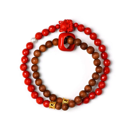 shopify--jewelry-material-1dyzjxql; shopify--jewelry-material-bjo6nad9; cinnabar; sandalwood; shell-pearl Healing Crystal Jewelry - Sacred Sandalwood Cinnabar Fox Wrap Bracelet | Astara