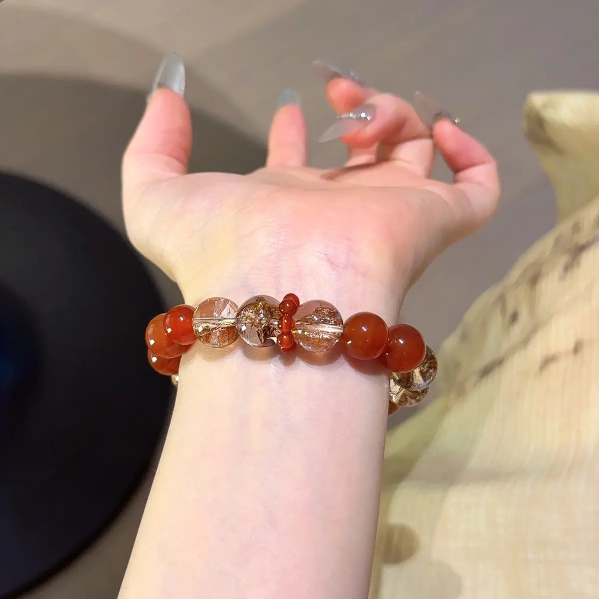 Handcrafted red-hematoid-quartz; agate; black-gold-super-seven; red-rutilated-quartz Detail for Abundance - Astara