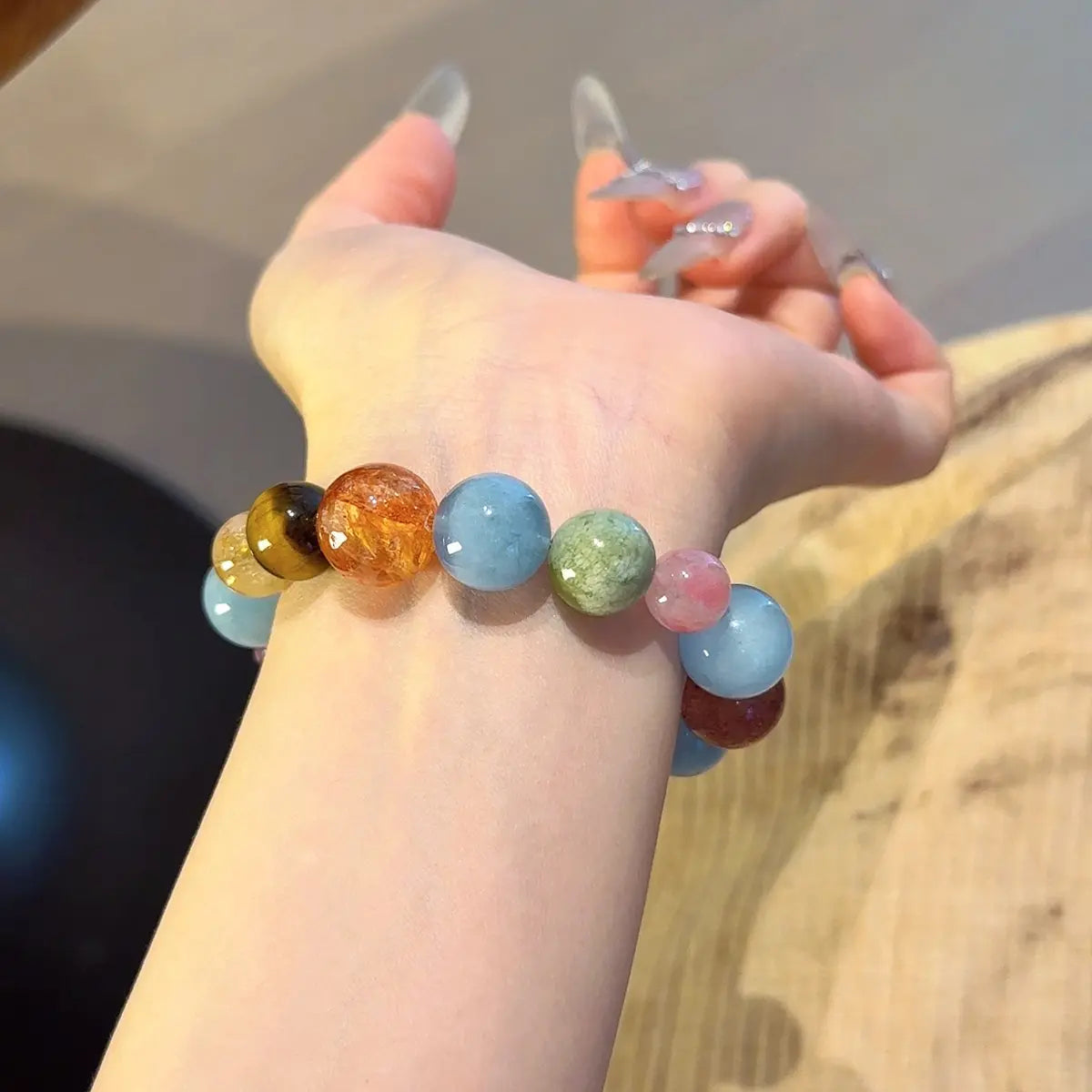 Handcrafted amethyst; aquamarine; jade; amazonite; red-hematoid-quartz; tigers-eye; strawberry-quartz; rhodonite; citrine-crystal Detail for Abundance - Astara
