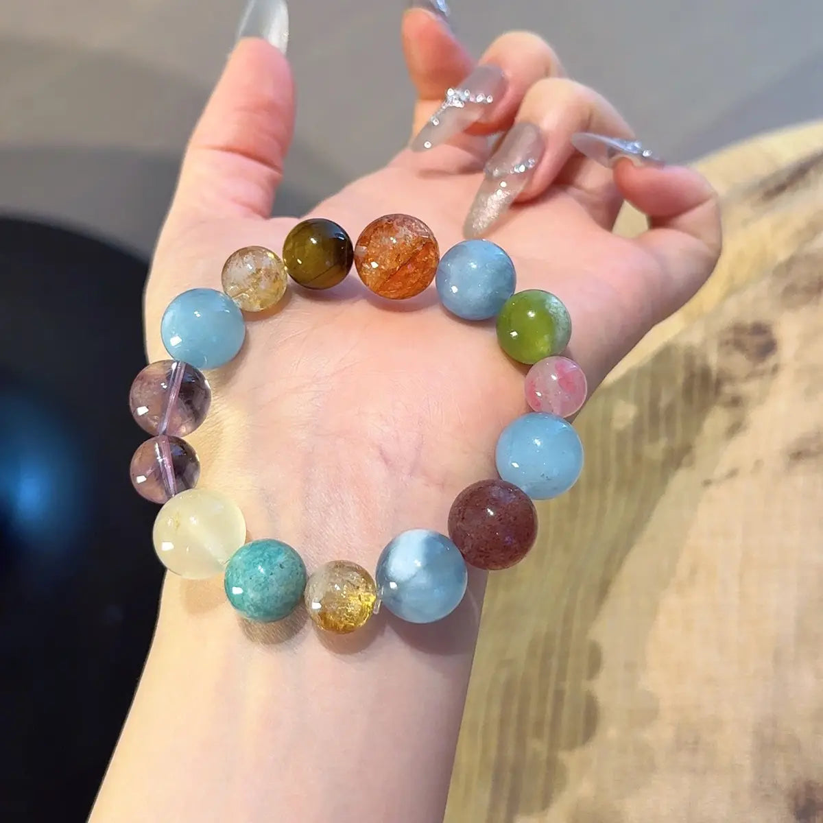 Handcrafted amethyst; aquamarine; jade; amazonite; red-hematoid-quartz; tigers-eye; strawberry-quartz; rhodonite; citrine-crystal Detail for Abundance - Astara